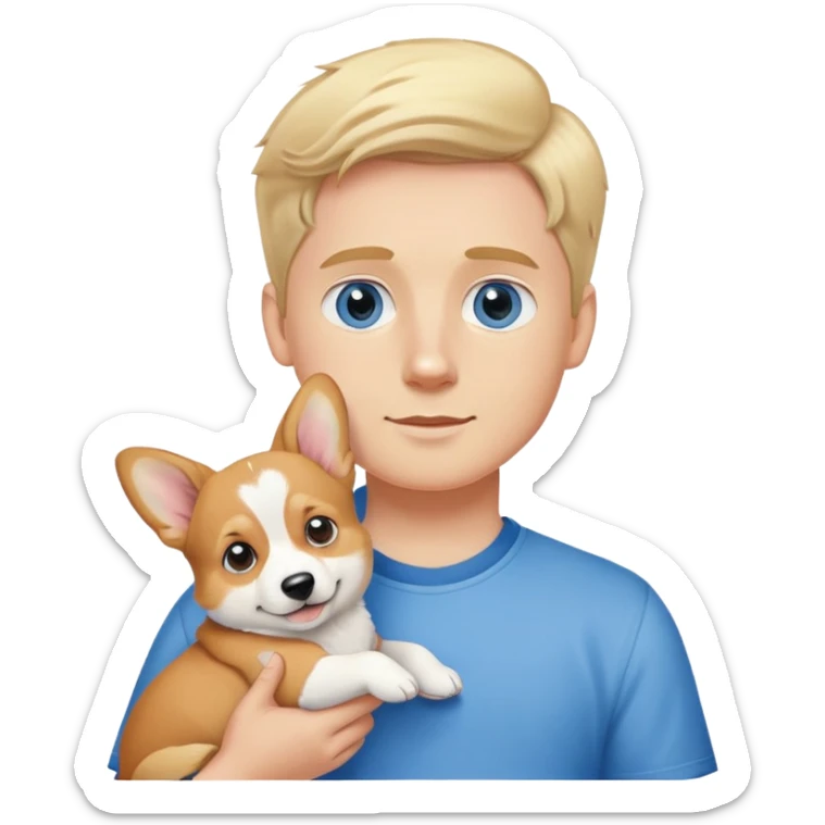White boy with blonde hair and blue eyes holding corgi puppy sticker