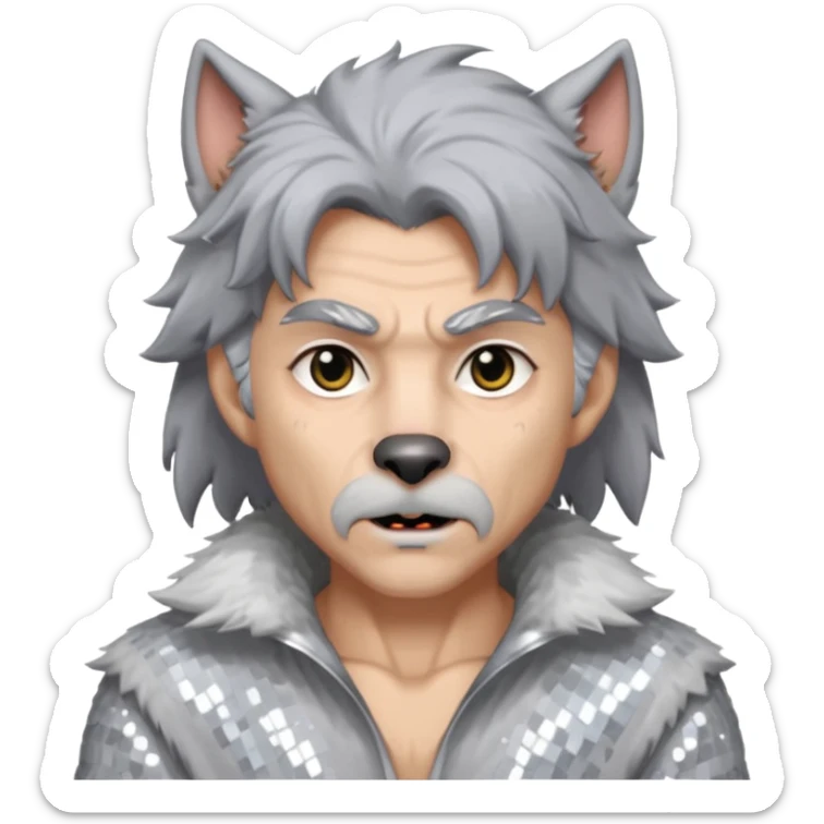 The Werewolf with grey hair and fur, white sequin outfit sticker