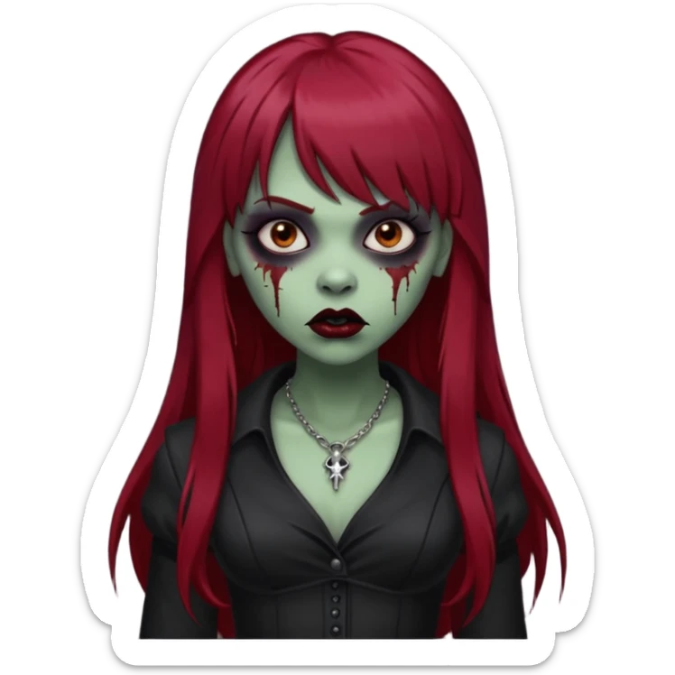 vampira gótica parda zumbi de cabelo longo e vermelho escuro e franja e roupa com decote e batom preto sticker
