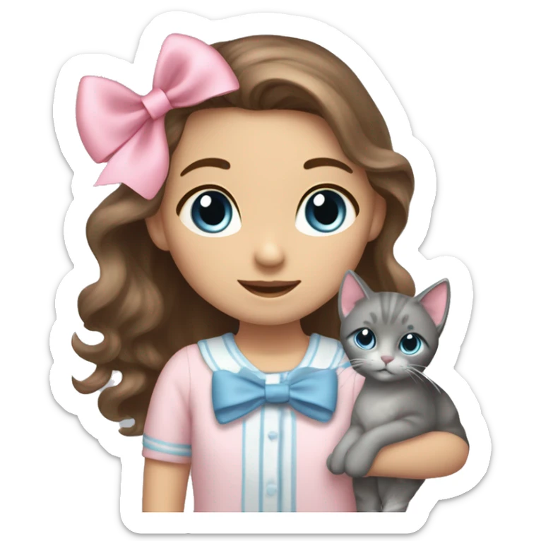 A Girl with long wavy brown hair, with grey-blue eyes, has a light pink bow on hair, and coquette clothes. She is holding a grey cat, which has a pink bow too. sticker