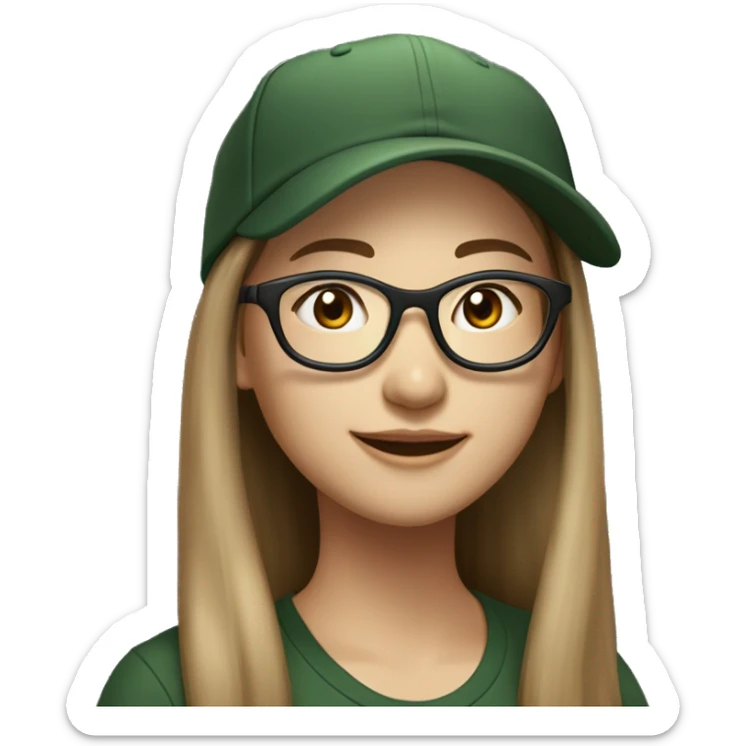 Hyper realistic, look from side, asian adult woman, light white skin, smiling with teeth, black eyes, spotted frame glasses, long light brown straight hair, black T-shirt, dark green cap. sticker