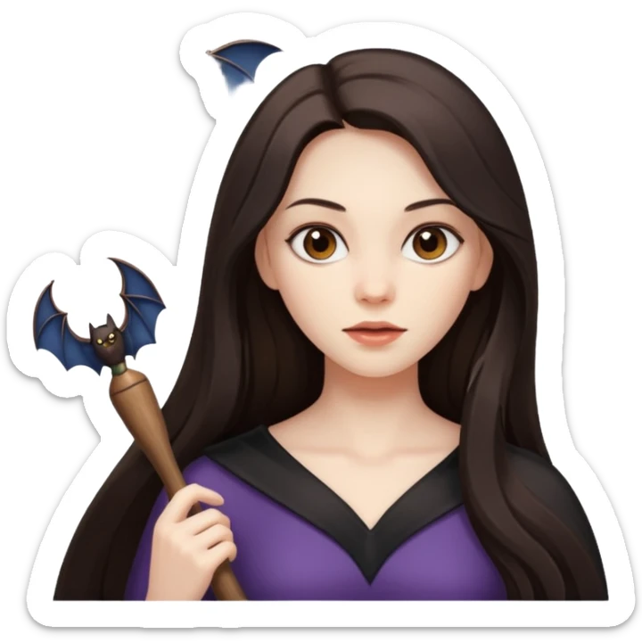 woman with long dark hair with a bat flying nearby sticker