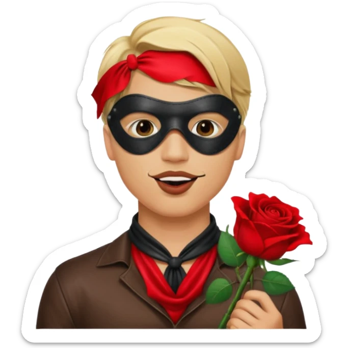 blonde man with leather eye mask and leather halter neck blouse, holding rose with his mouth sticker