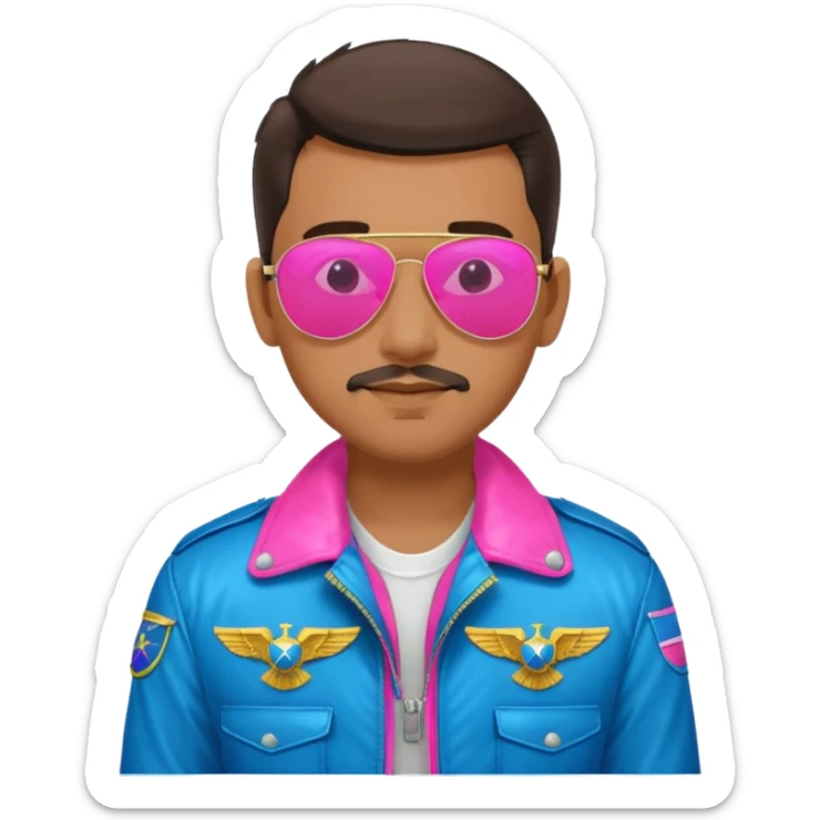 1980s cool man with stubble wearing reflective neon pink and blue aviator sunglasses and a pilot topgun jacket sticker