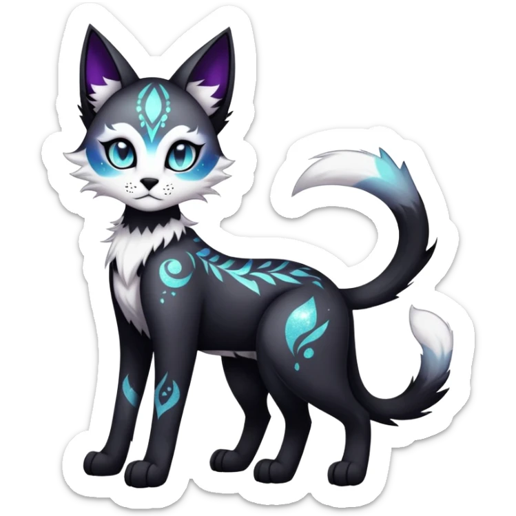 Cool edgy gothic Falvie-Fionbri-creature-sparkle-feline-fursona, full body, with random markings sticker