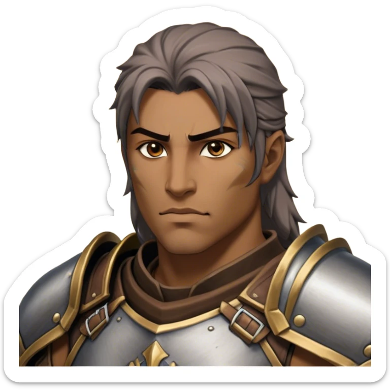 Cinematic Realistic WoW Human Warrior Portrait, head tilted epicly and inquisitively, showcasing a commanding presence and heroic grace. His chiseled features, resolute eyes, and meticulously crafted steel armor with leather accents in harmonious greys and bronzes are rendered with lifelike clarity and dramatic lighting, high shine, epic and awe-inspiring, embodying the spirit of a warrior poised for battle. sticker