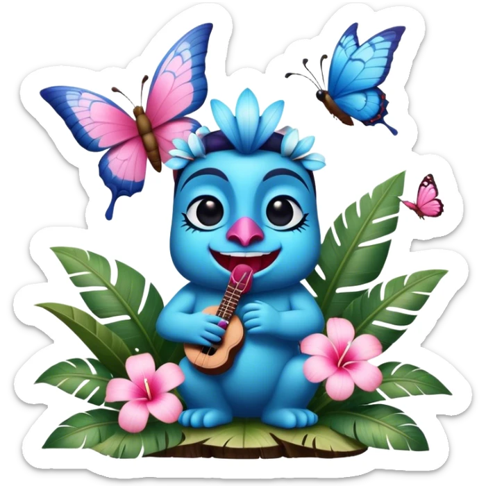 Pixar style little Blue and pink tiki singing with a butterfly and tropical flowers, ultra detailed and lifelike imagery, realistic sticker