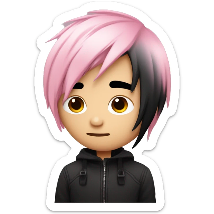 Create an emoji of an emo guy with split-dyed hair—one side pastel pink and the other side black. The hair should have a slightly messy, choppy texture, and the character should have a subtle, sad expression, wearing dark clothing typical of emo fashion sticker