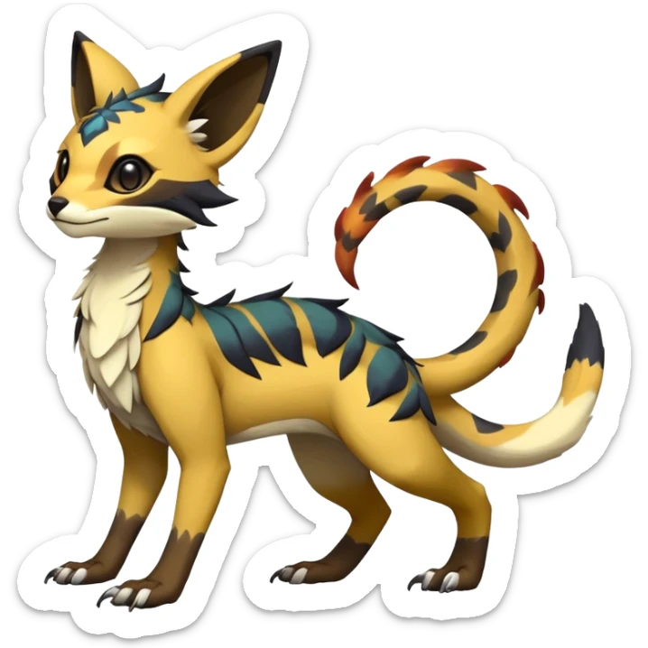 Rare realistic exotic edgy epic cute pretty beautiful handsome gorgeous aesthetic colorful vibrant Vernid-Trico-species-Fakemon-creature by LiLaiRa, 4 legs, 1 tail, random markings, (full body) sticker