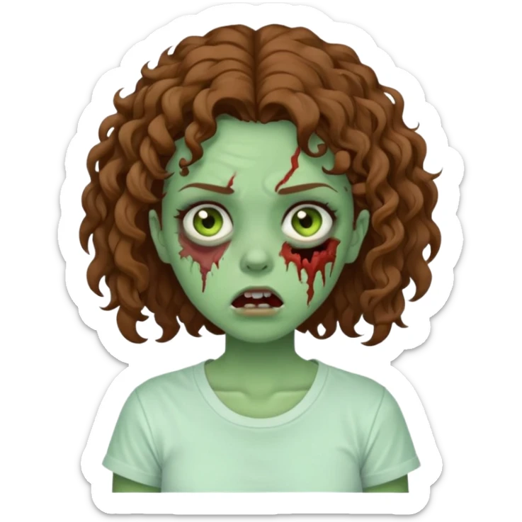 Zombie girl with curly brown hair como emoji de iphone y con la boca un poco lastimada haz que tenga una simple remera blanca puesta pero que sea zombie verde sticker