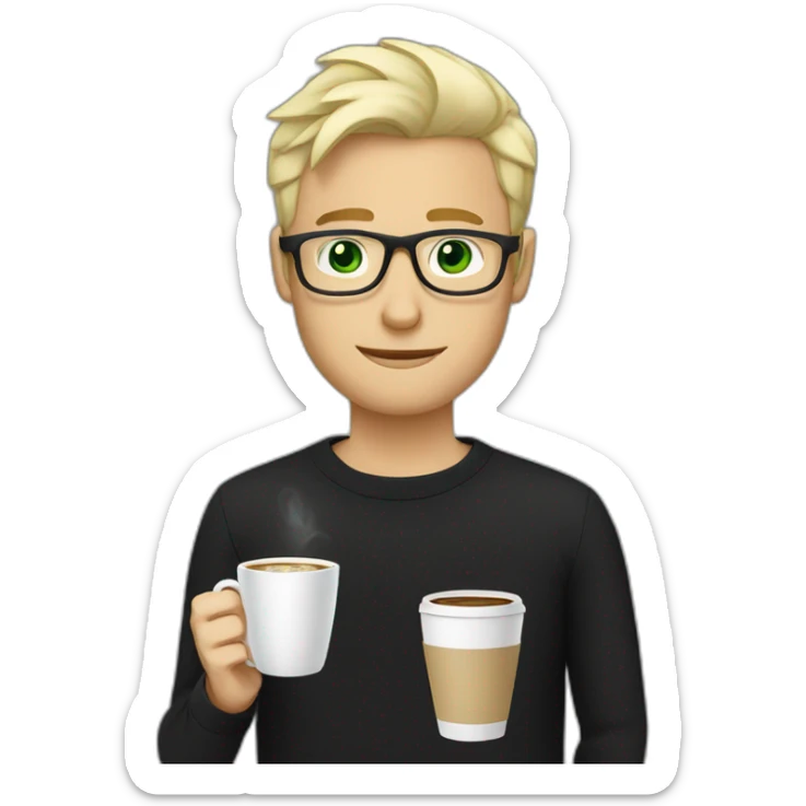 Blonde man green eyes in black jumper with clear glasses holding a white coffee cup sticker
