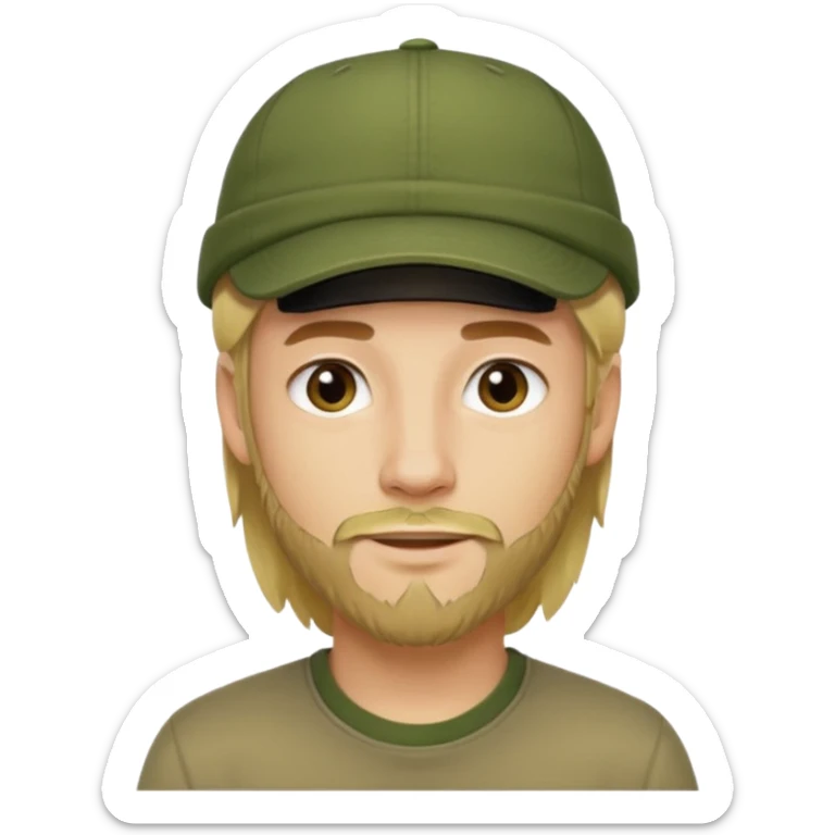 Apple emoji style young man with light skin, long blond hair, short stubble beard, dark eyes, olive green cap, friendly expression, clean shapes and soft gradients. sticker