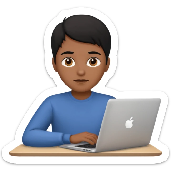 a brown skin person with black hair with no glass working in a laptop  in front view sticker
