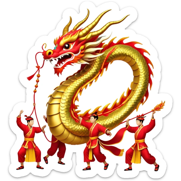 Cinematic Realistic scene of a Chinese Dragon Dance featuring performers energetically holding a vibrant dragon model aloft, with intricately detailed scales and dynamic flowing costumes, illuminated by festive red and gold lighting that captures the spirit of celebration. sticker