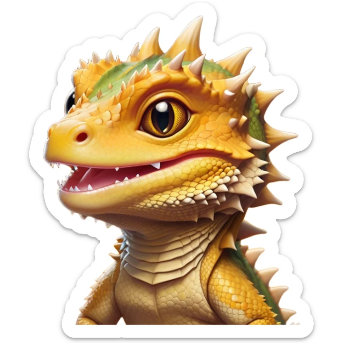 Cinematic Cute Bearded Dragon Portrait Emoji, Head tilted playfully and inquisitively, featuring a glossy, scaled hide in warm olive hues with an adorably scrunched spiky beard and round, sparkling eyes full of curious mischief, Simplified yet irresistibly adorable features, highly detailed, glowing with a warm, friendly glow, high shine, affectionate and lively, stylized with a touch of rugged whimsy, bright and endearing, soft glowing outline, capturing the essence of a mischievous yet loving dragon, so playful it feels like it could scamper out of the screen into your arms! sticker