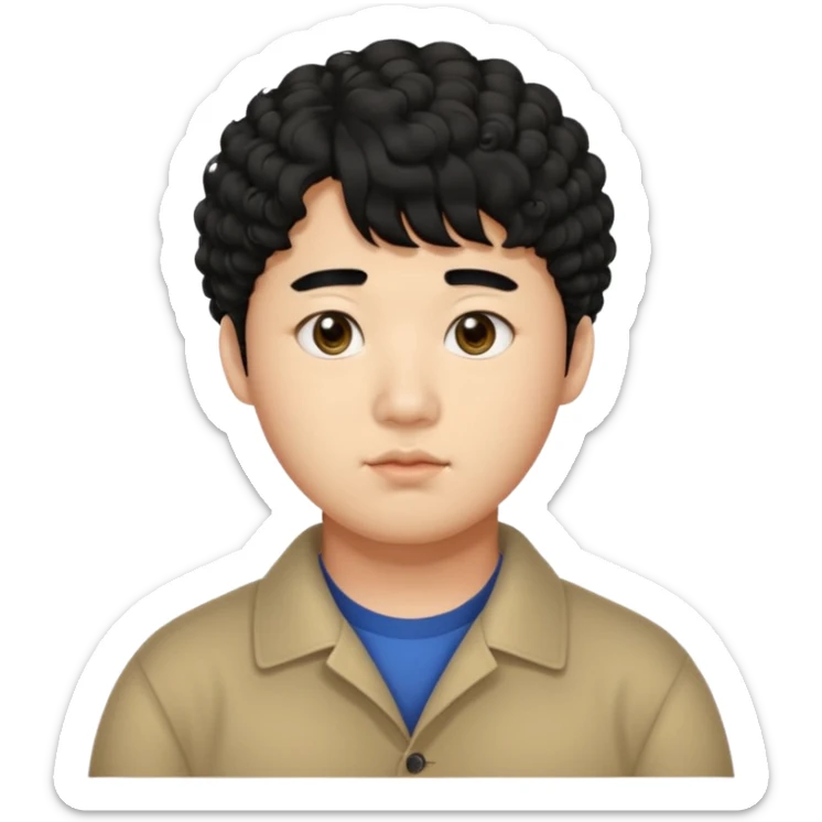 a Korean man in 20s with a curly hair and bangs, chubby cheeks, big monolid eyes , dark eyebrow, sticker