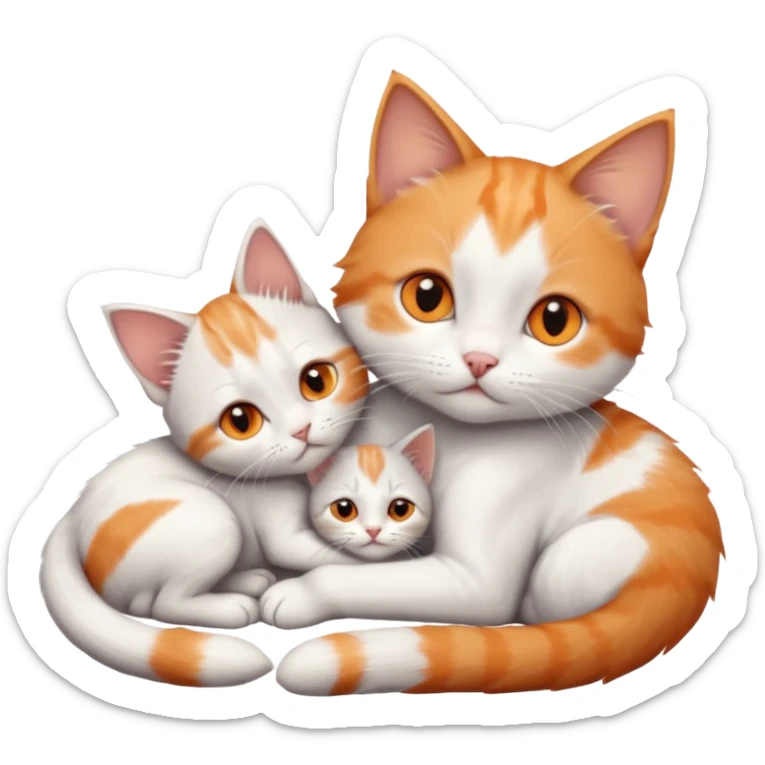 full body of very small + skinny ginger and white kitten with deep orange eyes and triangular shaped face lying down cuddling a grey and white kitten who is a bit bigger than him sticker