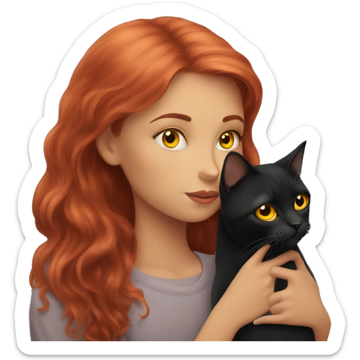A red-haired girl kisses a black British cat with yellow eyes sticker