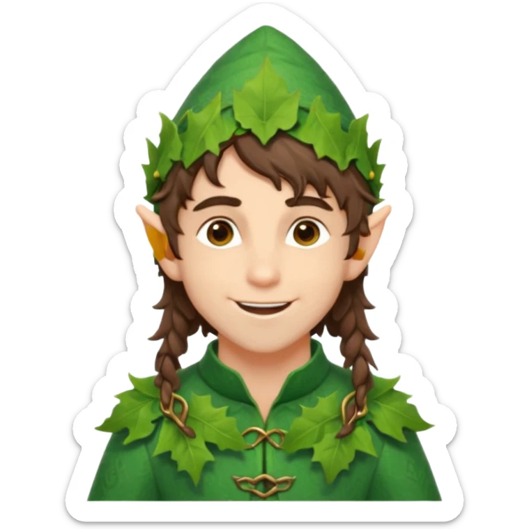 handsome elf with messy brunette hair wearing a leafy outfit and smile confidently sticker