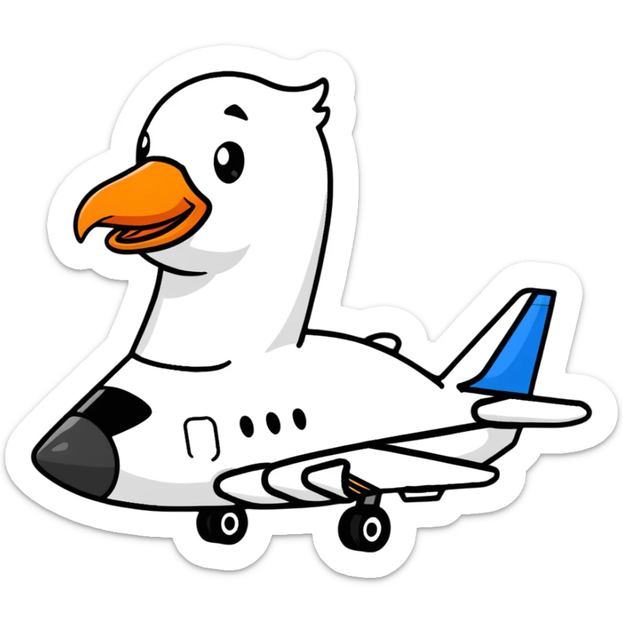 A jet airplane with a goose head on the front of it, replacing the nose cone sticker