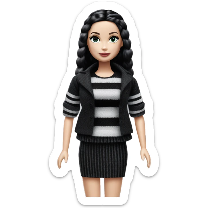 Bouclé Beauty Barbie, Wednesday Addams from academy, in dark-gray and black striped outfit. sticker