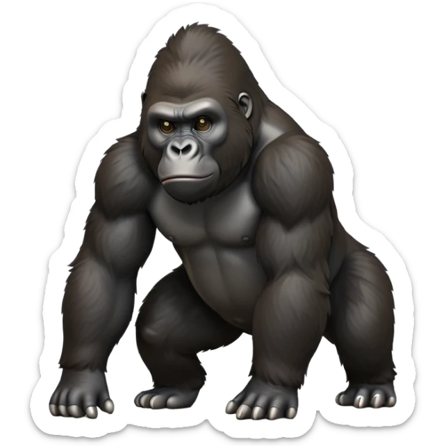cinematic-gorilla-realistic-full-body-on all fours-emoji,-exuding-strength,-thick-dark-fur-in-the-light,-head-tilted-dramatically,-deep-dark-eyes-filled-with-intense-intelligence,-simplified-yet-realistic-focused-features,-highly-detailed,-glowing-with-an-almost-sarcastic-glow sticker