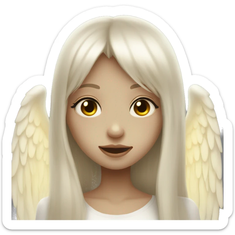 a ghost girl kinda look alike an angel with long dark blond hair and side bangs, her eyes are gold sticker