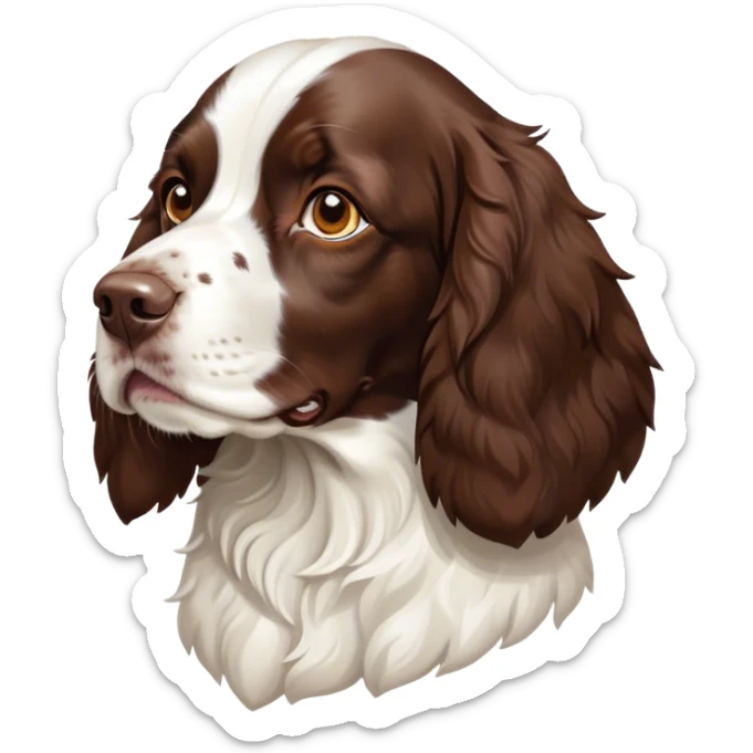 Cinematic Noble Springer Spaniel Portrait Emoji, Poised and regal, with a medium build and a glossy, well-groomed Fur of rich liver and white, deep-set soulful brown eyes, Simplified yet sharp and sophisticated features, highly detailed, glowing with a soft, dignified glow, high shine, intelligent and alert, stylized with an air of grace, focused and attentive, soft glowing outline, capturing the essence of a watchful and confident companion, so majestic it feels as though it could bound out of the screen with effortless authority! sticker