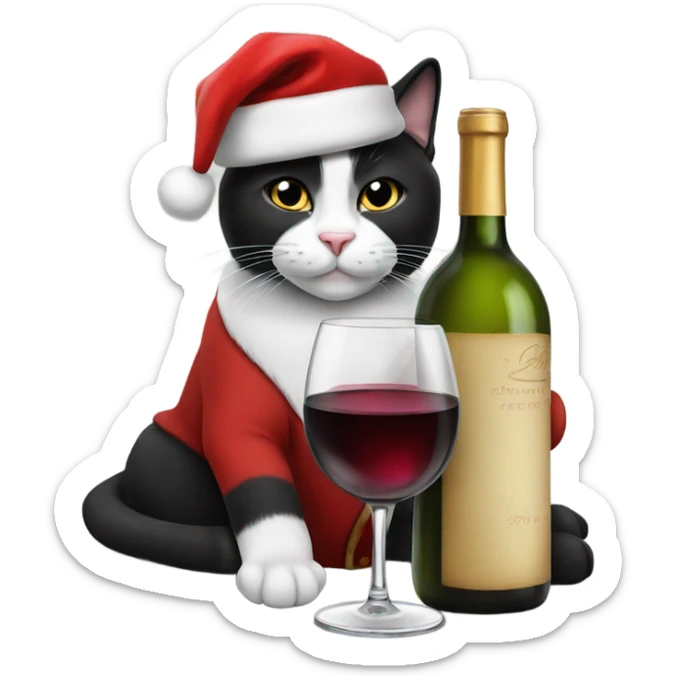 tuxedo cat drinking a glass of wine with a santa hat sticker