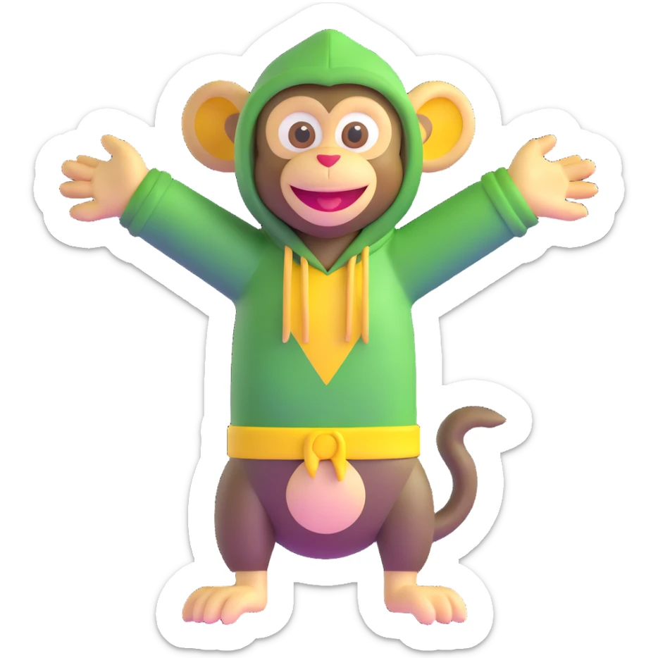 Cute 3D green monkey with big yellow ears, dark hood, and a happy face. Arms open wide, always smiling and full of energy. Friendly, fun, and curious — perfect for preschool kids. sticker