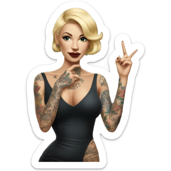 Blonde elegant women, her Body Covered with Tattoos, POINTING YOU with her HAND , Hyper realistic sticker