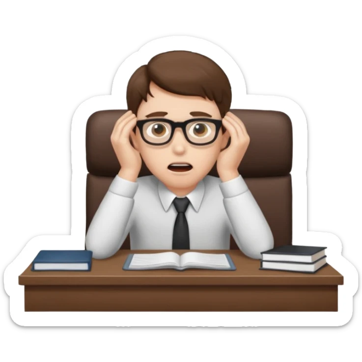 A white man with brown hairs, white skin,   sits at his desk in shock sticker