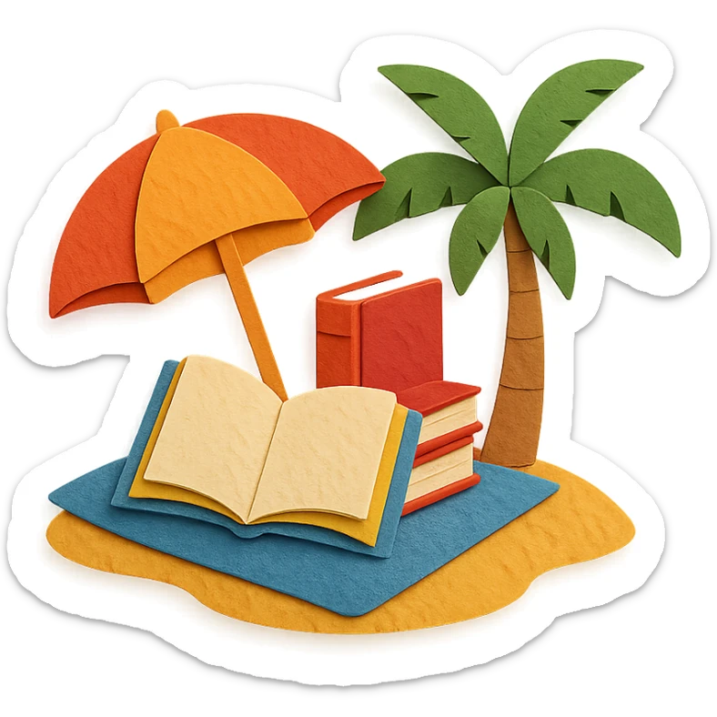 cozy beach reading nook with books, umbrella, and palm tree, layered paper effect, paper-craft style sticker