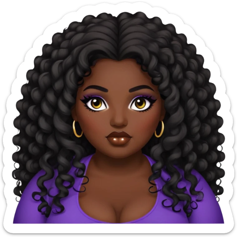 big plus size, dark skin, curly long hair, baddie,pretty, makeup, black eyeliner, long hair sticker