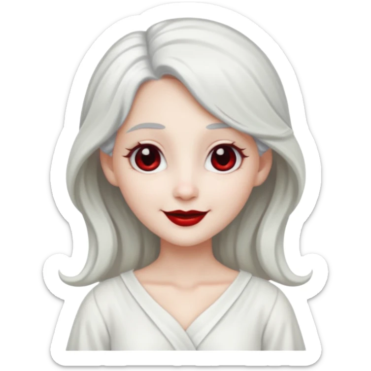 vull un perosnatge estil bimoji que sigui com una nimfa bella i fantasmal amb túniques blanques. Té la pell literalments blanca com el guix, cabell platejat, un nas llarg, ulls negres grans i llavis carmesí. que estigui somrient sense arrecades  sticker