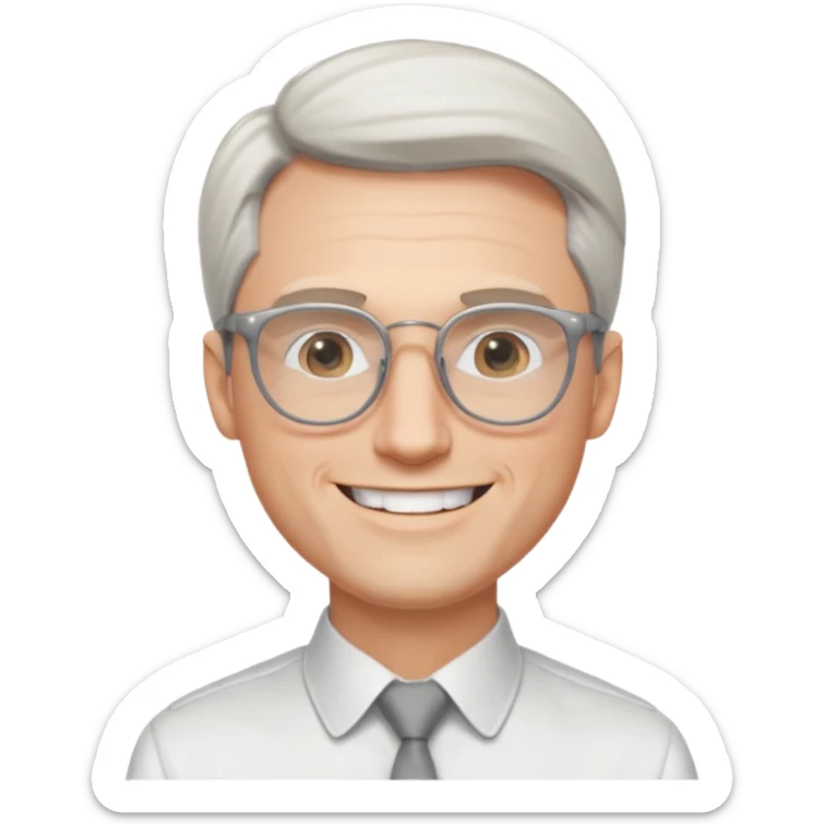 30 yr old pale white man, white/grey side swept stylish hair, round glasses, big smile, white teeth, handsome, longer hair, thin glasses, white dress shirt, smooth forehead, botox, no tie, open collar sticker