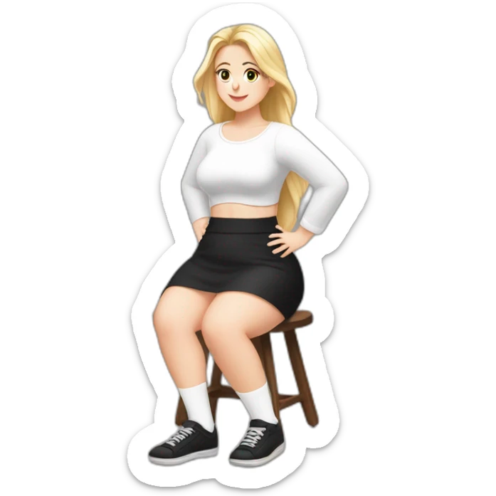 Front view full body curvy caucasian beauty sits on the floor straight hands up black skirt white knickers white socks sticker