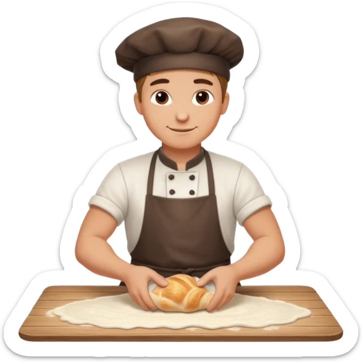 Young male baker – rolling croissant dough on a wooden table, flour on clothes

 sticker