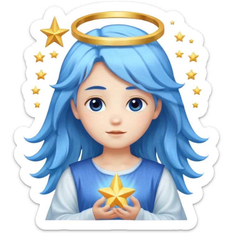 A soft-faced angel with flowing blue hair and glowing halo, holding a small star.






 sticker