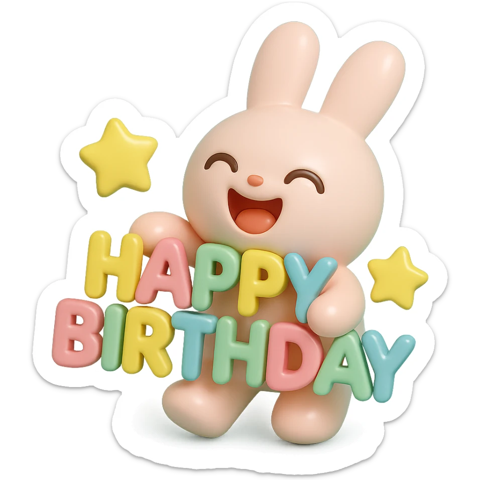 laughing bunny hugging "Happy Birthday" letters with stars, vinyl figure style, smooth, shiny, collectible toy sticker
