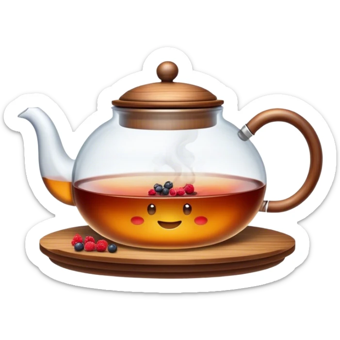 A cinematic realistic emoji with an attractive image of a steaming transparent teapot with a wooden lid filled with tea with berries, rich texture and warm, festive lighting. sticker