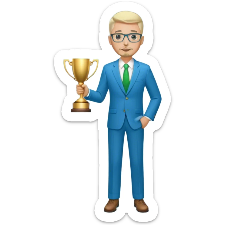 Full Body white fat male  wearing glasses with a goatee with light blonde gray very short hair basketball head Coach in blue and green suit holding trophy sticker