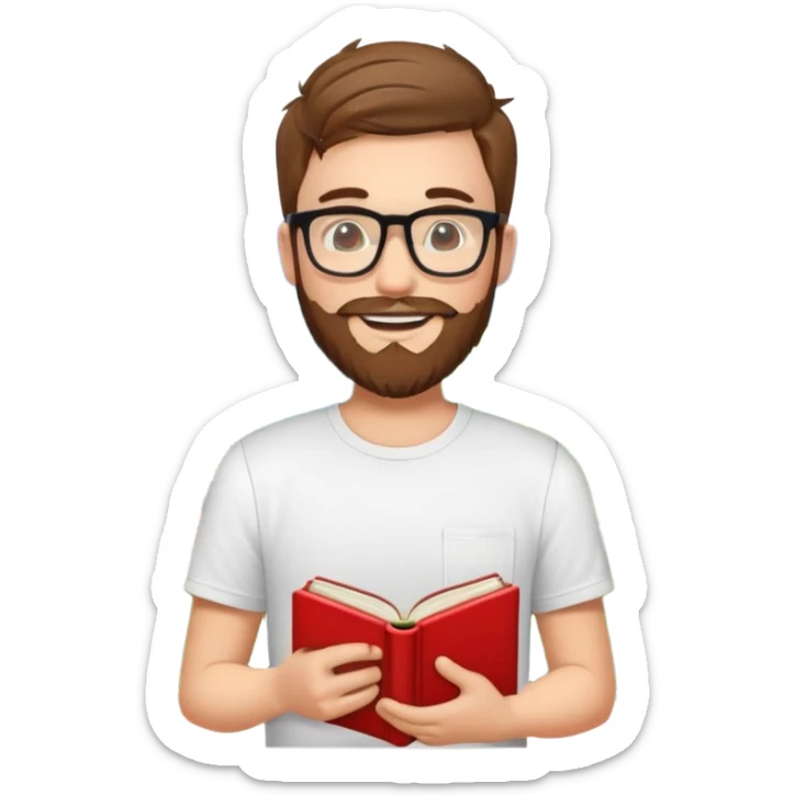 cheerful young man with glasses, beard, white t-shirt, holding a red book, surrounded by emoji-style icons for mountain biking, coding, hiking, climbing, sleeping, and nature sticker