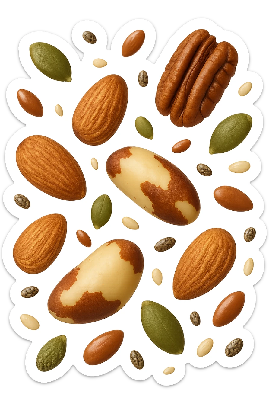 emoji stile iphone 3d di questi elementi che fluttuano in aria:

Semi di chia, lino, zucca, sesamo
Mandorle, noci pecan, noci brasiliane (porzioni limitate)

 che fluttuano sparse casualmente in aria, iperealistico 4k sticker