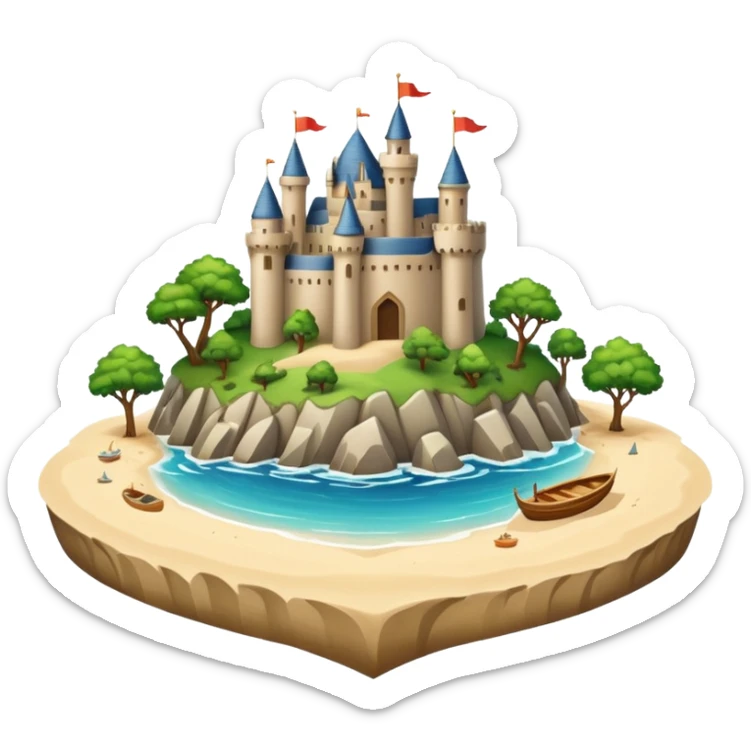 A huge island with trees boats and sand in the middle there is a huge beautiful castle sticker