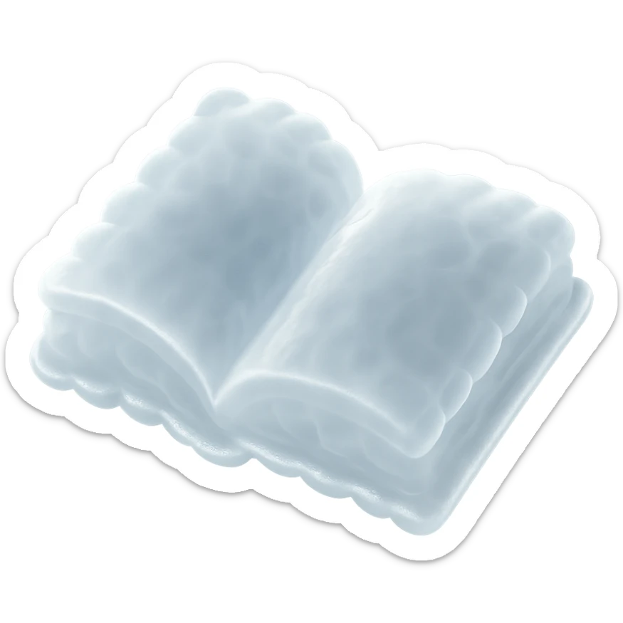 top view of a thick open book made entirely of small, very bright white fluffy convex clouds, matte glass style sticker