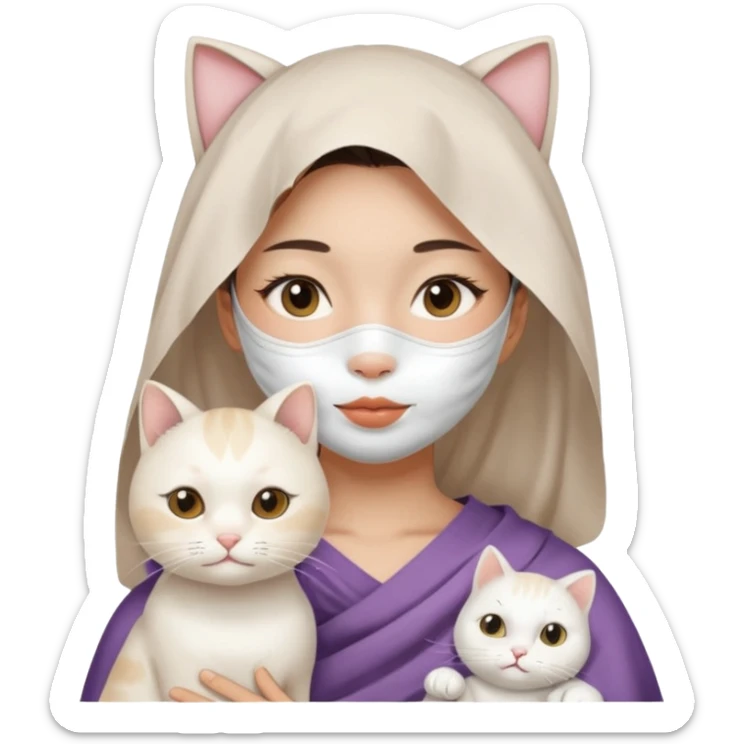 Asian girl with full facial sheet mask pack with one  white cat sticker
