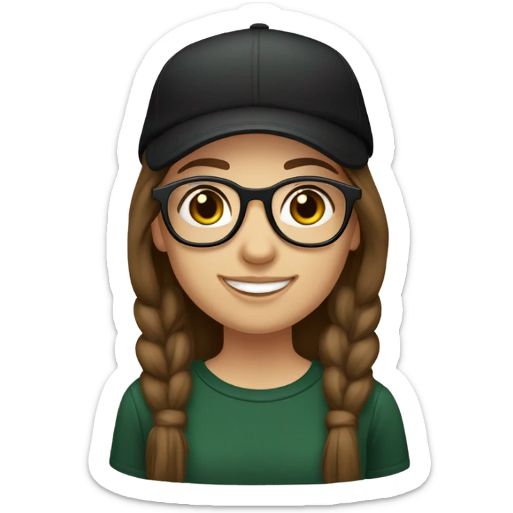 Slavic girl, light skin, smiling with teeth, round brown eyes, spotted frame glasses, long brown straight hair, black T-shirt, dark green cap, black badge ribbon. sticker