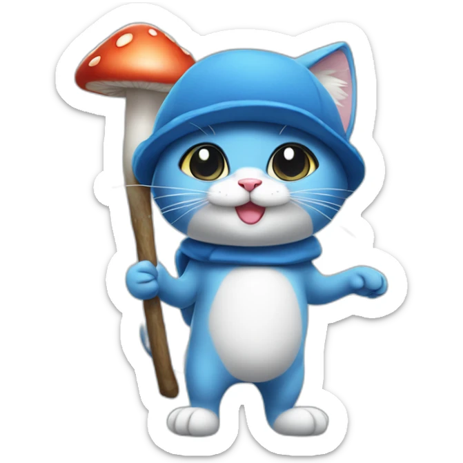  Cute Blue Cat NO ears wearing a mushroom cap carrying a stick in one arm standing on two legs no fur sticker