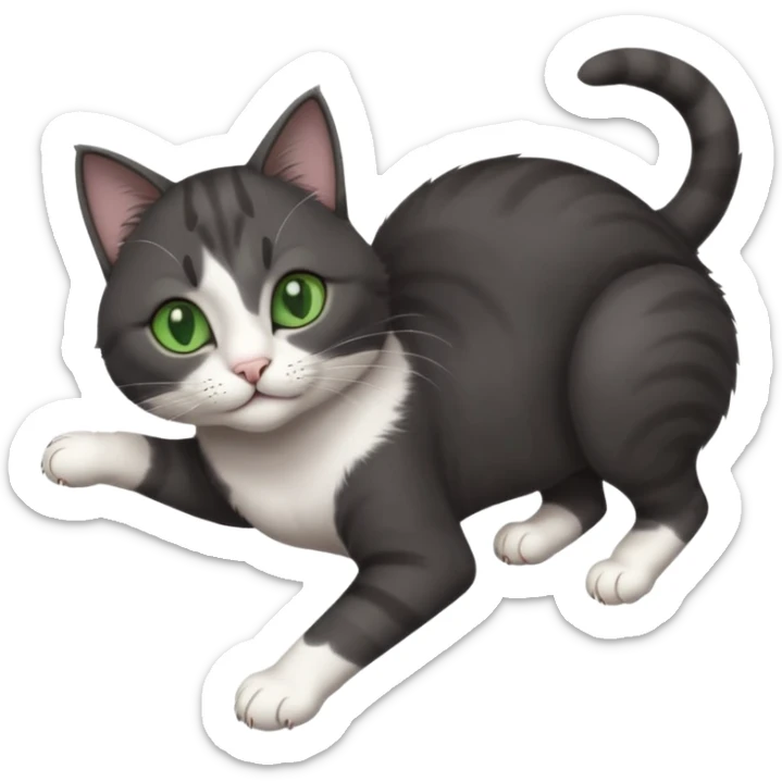 beautiful female solid dark grey cat with green eyes, white toes/paws and white patch on her chest playfully rolling upside down sticker